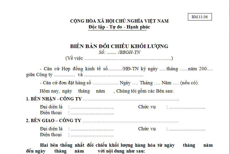 Biên bản đối chiếu khối lượng